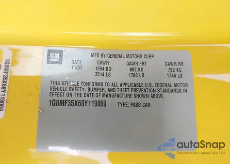 2008 Saturn Sky Red Line z USA, uszkodzony, nr VIN 1G8MF35X68Y119069